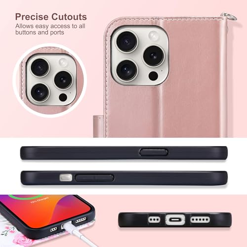 ULAK Compatible with iPhone 15 Pro Max Wallet Case Card Holder, Rose Gold | for Women with Credit Card Holders, [RFID Blocking], Designed Flip PU Leather Kickstand Shockproof Protective Cover - color: Rose Gold, size: iPhone 15 Pro Max - 6.7 inch