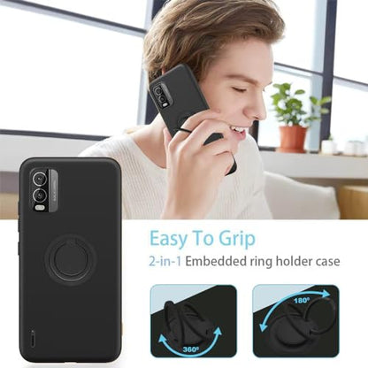 for Nokia c210 Phone Case with Glass Screen Protector, 360° Rotatable Ring Holder Magnetic Kickstand/Stand Silicone TPU Shockproof Protective Cover Case for Nokia Nokia c210 - Black