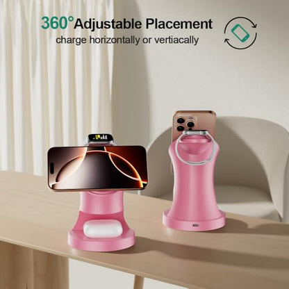 3 in 1 Wireless Charging Station for Apple Devices, Pink - color: Pink