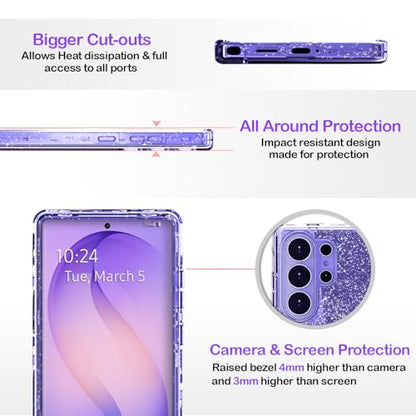 Full Protective for Galaxy S26 Ultra Heavy Duty Hybrid 3 in 1 Rugged Shockproof Women Girls for Samsung Galaxy S26 Ultra 6.9 inch 5G Shiny Clear Glitter Bling Sparkle - size: 6.9 inch (for S26 Ultra)