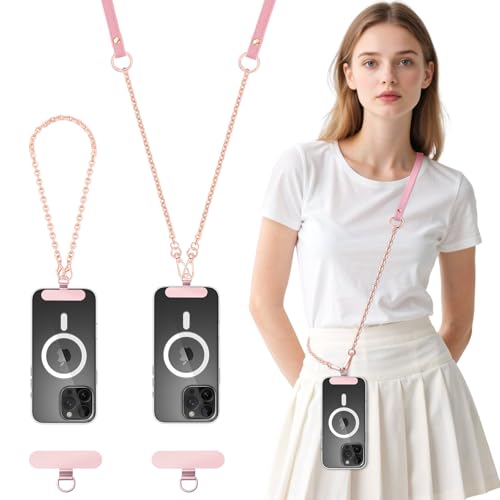 MoKo Universal Phone Crossbody Lanyard Phone Chain, Anti-Theft Adjustable Cellphone Cross Body Neck Strap & iPhone Wrist Strap with 2×Metal Tether Tabs for iPhone 17, Most Smartphones, Pink&Rose Gold - color: Pink&rose Gold