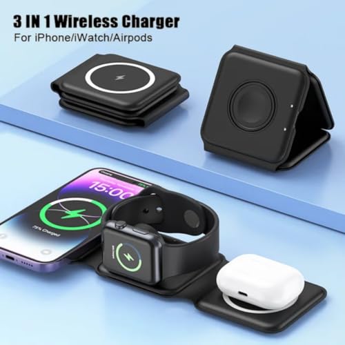 Charging Station is Compatible with Apple Multiple Devices - 3 in 1 Foldable Magnetic Wireless Charger Dock-Travel Charging Pad for iPhone 16 15 14 13 12 Pro Max Plus Watch & Airpods. (Black).