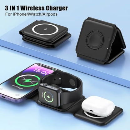 Charging Station is Compatible with Apple Multiple Devices - 3 in 1 Foldable Magnetic Wireless Charger Dock-Travel Charging Pad for iPhone 16 15 14 13 12 Pro Max Plus Watch & Airpods. (Black).
