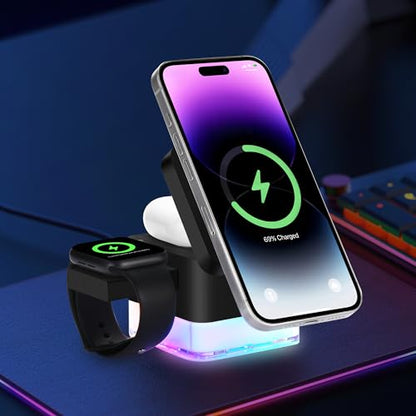 15W Wireless Charger 3-in-1 Apple Charging Station with Night Light - color: Black