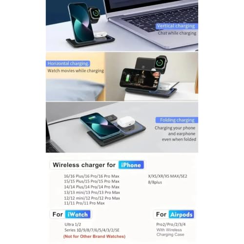 Dual Coil 3 in 1 Wireless Charger Stand Stable Charging No Interruption 15W Fast Charge for iPhone Apple Watch AirPods (Black)