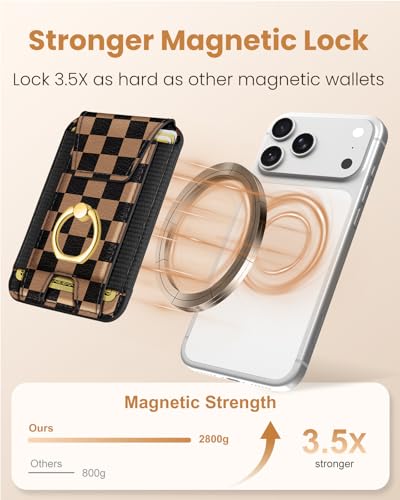 Shorogyt Compatible with Magsafe Wallet with Ring Grip Magnetic Card Holder - Cute Phone Wallets with Stand for iPhone 17/16/15/14/13/12 Series for Women Girls Black Grid Design, Fit 7 Cards - color: Black Grid