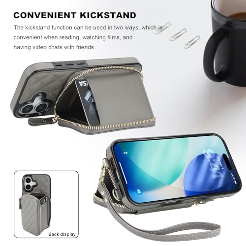 Bocasal Crossbody Wallet Case Card Holder for iPhone 17, Grey | RFID Blocking PU Leather Zipper Handbag Purse, Kickstand Flip Folio Case with Card Slots Holder Wrist Strap Lanyard 6.3 Inch - color: Gray