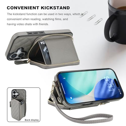 Bocasal Crossbody Wallet Case Card Holder for iPhone 17, Grey | RFID Blocking PU Leather Zipper Handbag Purse, Kickstand Flip Folio Case with Card Slots Holder Wrist Strap Lanyard 6.3 Inch - color: Gray