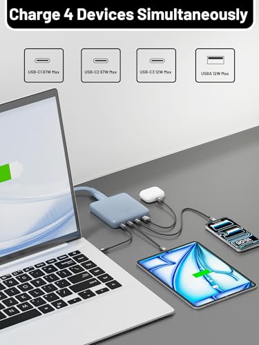 USB C Charging Station Slim, 67W Max 4-Port GaN Desktop Charger - color: Blue