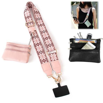 Phone Strap With Zippered Pouch, Universal Lanyard Crossbody Wrist Strap With Wallet, Adjustable - color: Pink A2