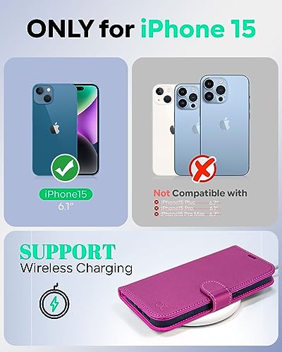 OCASE Compatible with iPhone 15 Wallet Case, PU Leather Flip Folio Case with Card Holders RFID Blocking Kickstand [Shockproof TPU Inner Shell] Phone Cover 6.1 Inch 2023, Litchi Rose - color: Litchi Rose