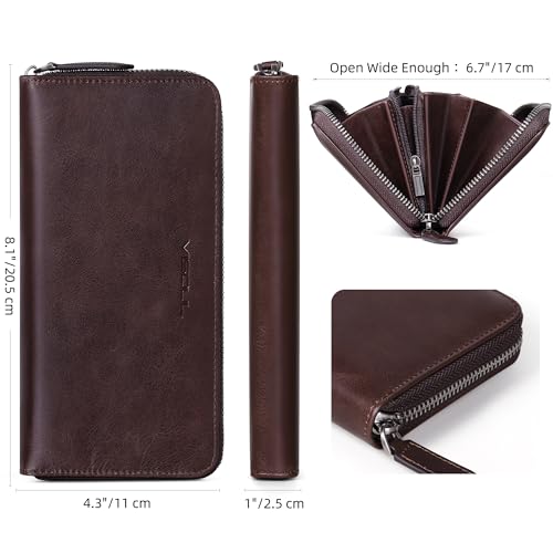 VISOUL Leather Long Zipper Pouch Wallet for Men and Women with RFID Blocking, Large Clutch Cash Long Wallet with Zipper (Coffee) - color: Coffee