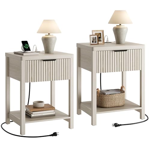 Night Stand Set 2, Fluted Wood Nightstands w/Charging Station for Bedroom - color: Grey White, size: 1 Drawer-Set of 2 Nightstand