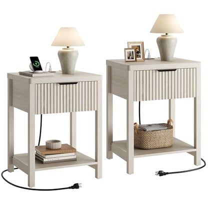 Night Stand Set 2, Fluted Wood Nightstands w/Charging Station for Bedroom - color: Grey White, size: 1 Drawer-Set of 2 Nightstand