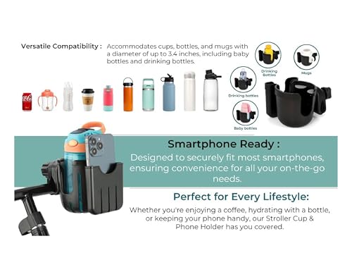 Universal, Stroller, Sturdy, Cup and Cell Phone Holder, All Black, 2-in-1, for Carriages, Walker, Wheelchairs, Rollator, Scooters & Bike Phone & Cupholder Organizer - Easy to Install