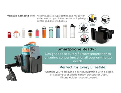Universal, Stroller, Sturdy, Cup and Cell Phone Holder, All Black, 2-in-1, for Carriages, Walker, Wheelchairs, Rollator, Scooters & Bike Phone & Cupholder Organizer - Easy to Install