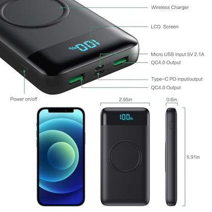 Wireless Portable Charger 30,800mAh,15W Wireless Charging USB C Power Bank,25W PD QC 4.0 Fast Charging 4 Outputs Travel Essentials Battery Pack Compatible with iPhone 17/16/15/14/13/12,Galaxy,Android - color: Black
