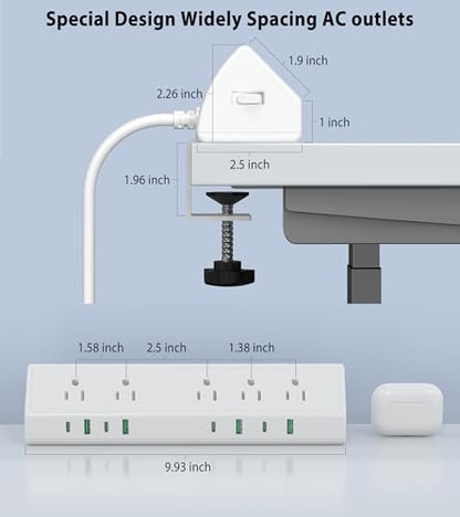 Jgstkcity Desk Clamp Power Strip USB C 45W,1200J Surge Protector - color: White, size: 6 FT