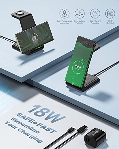 Intoval Wireless Charger,Wireless Charging Station for Samsung Galaxy Phone/Watch/Buds,fit for Galaxy S25/S24/S23/S22,Note20/10/Z Fold/FLI,Watch 8/7/6/5/4/Active 2/1, Buds3/2/Pro/Live(S3,Black)