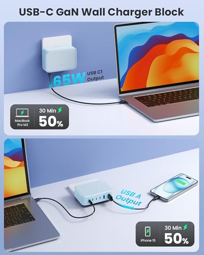 USB C Charger 200W USB Charging Block,6 Ports Foldable Wall Charger Outlet Plug,QC4.0 Fast Charging Station Hub,PD 65W Laptop Adapter for MacBook Pro/Air,Dell,iPhone 17/16/15,Galaxy (Light Blue) - color: Light Blue