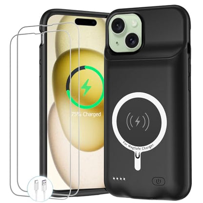 Battery Case for iPhone 15, Upgraded 10000mAh Portable Protective Charging Case with Wireless Charging Compatible with iPhone 15 (6.1 inch) Rechargeable Battery Pack Charger Cover with Carplay (Black) - size: iPhone 15