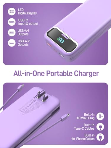 Nusyddy Portable Charger 20000mAh Fast Charging w/Built-in Wall Plug Purp. - color: Purple