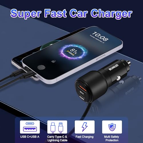 BUNUD Car Charger USB C Fast Charge, 66W Car Phone Charger, 4-in-1 & Coiled