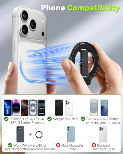 CloudValley Magnetic Phone Grip Holder for MagSafe, Slim Removable [Soft Finger Strap] Ring Stand Kickstand for iPhone 17/16/15/14/13/12 Series Compatible with Mag Car Mounts, Black