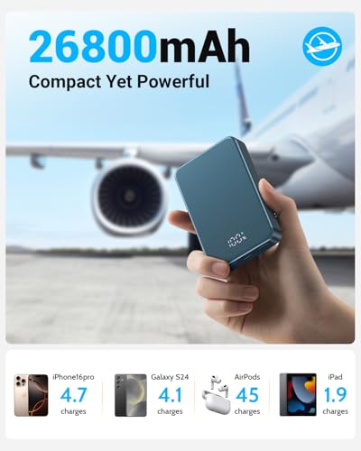 Magnetic Power Bank 26800mAh for Magsafe Portable Charger, Aluminum Alloy Large Capacity 20W USB-C in&Out Wireless Fast Charging for iPhone17Pro Max/16/15/14/13/12 Series, Blue - color: Blue