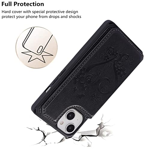 iCoverCase Compatible with iPhone 14 Wallet Phone Case with Card Holder for Women, RFID Blocking Embossed PU Leather Wrist Strap Case 6.1 Inch (Heart Black) - color: H-Black