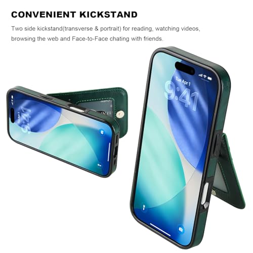 KIHUWEY for iPhone 17 Wallet Case Card Holder Kickstand, Dark Green | Credit Card Slots, PU Leather, Magnetic Clasp, Flip Heavy Duty Protection Cover for Men and Women - color: Dark Green