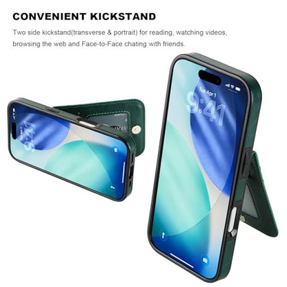 KIHUWEY for iPhone 17 Wallet Case Card Holder Kickstand, Dark Green | Credit Card Slots, PU Leather, Magnetic Clasp, Flip Heavy Duty Protection Cover for Men and Women - color: Dark Green