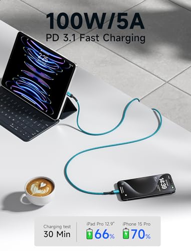 JSAUX 100W USB C to USB C Cable, 2-Pack 6.6FT, 5A Fast Charging, Green - color: Green, size: 6.6 ft+6.6 ft
