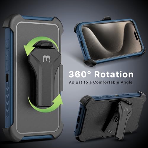 M MYBAT PRO Maverick Series Case for iPhone 15 Pro with Belt Clip Holster,[Compatible with Magsafe] w/Screen Protector,Anti-Drop,Shockproof,with 360°Rotating Kickstand,Heavy Duty Protection - color: Blue