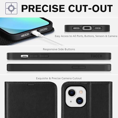 TUCCH Wallet Case for iPhone 13 (6.1"), 3 Card Holders, Black & Light Blue | RFID Blocking, Viewing Stand, Shockproof TPU Shell, PU Leather, Magnetic Closure, Protective Folio Flip Cover - color: Black & Light Blue