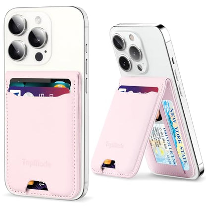 TopMade Phone Card Holder, Leather Phone Wallet Stick on with Stand, Open ID Window, Strongest 3M Adhesive Credit Card Holder for Back of Phone Case, iPhone, Samsung, and Android, Fit 6 Cards, Pink - color: Pink