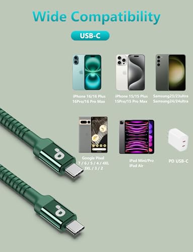 USB C Cable 6FT, 2Pack USBC to USBC Fast Charging Cable, iPhone 17 Charger - color: Green, size: 6FT, style: USB C to USB C