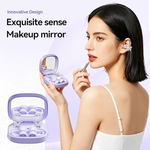 Open Ear Wireless Earbuds for Women with Makeup Mirror Charging Case, Clip-on Bluetooth 6.0 Headphones with Spatial Audio, Includes Flower & Butterfly Earrings, Long Battery Life (Purple) - color: Purple
