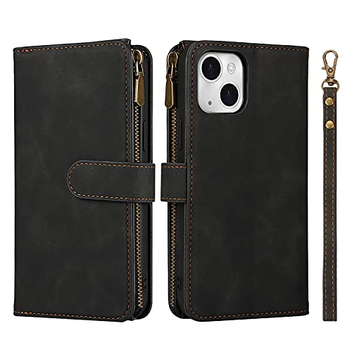 iCoverCase Compatible with iPhone 13 Wallet Phone Case with Card Holder, PU Leather Zipper Pocket Magnetic Detachable Flip Case with Wrist Strap (Black) - color: Detachable--Black