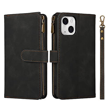 iCoverCase Compatible with iPhone 13 Wallet Phone Case with Card Holder, PU Leather Zipper Pocket Magnetic Detachable Flip Case with Wrist Strap (Black) - color: Detachable--Black