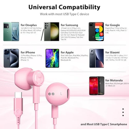 Jelanry Magnetic USB-C Wired Earbuds HiFi Stereo Headphones with Mic, Pink - color: Pink