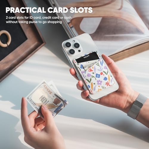 VULKIT Phone Card Holder Wallet Leather Adhesive Pocket RFID Blocking Credit Card Sleeves Stick Back of Phone Smartphones - color: Wildflower