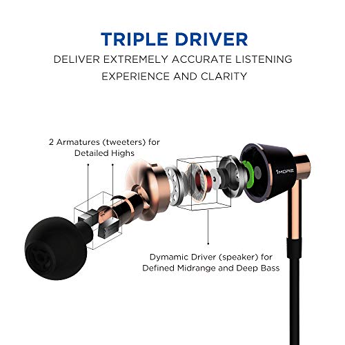 1MORE Triple Driver in-Ear Earphones Hi-Res Headphones with High Resolution, Bass Driven Sound, MEMS Mic, in-Line Remote, High Fidelity for Smartphones/PC/Tablet - Gold - color: Gold