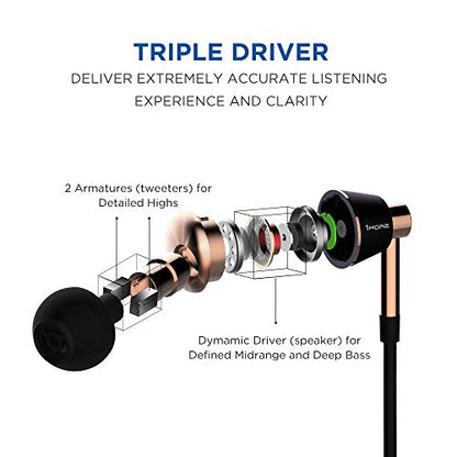 1MORE Triple Driver in-Ear Earphones Hi-Res Headphones with High Resolution, Bass Driven Sound, MEMS Mic, in-Line Remote, High Fidelity for Smartphones/PC/Tablet - Gold - color: Gold