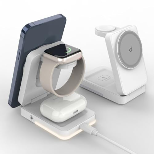 Wireless Charger Stand 3 in 1, Portable Foldable Fast Charging Station 15W for Smartphone, Smartwatch, Earbuds White - color: White