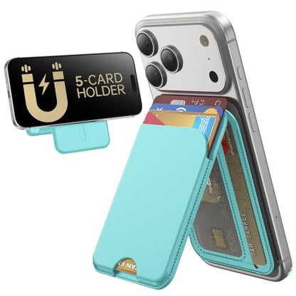 TWZKG for MagSafe Wallet, 5 Cards Holder with Stand, Magnetic Phone Wallet Stand for iPhone 17/16/15/14/13/12 Pro Max Air Plus Series, RFID Blocking Vegan Leather,Cyan Blue - color: Cyan Blue