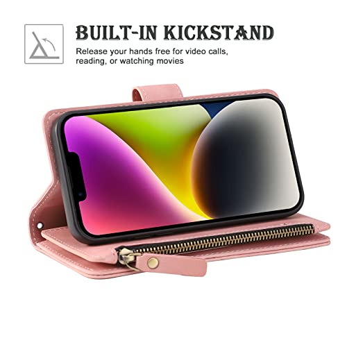 RANYOK Wallet Case Compatible with iPhone 13/14 (6.1 inch), Premium PU Leather Zipper Flip Folio Wallet RFID Blocking with Wrist Strap Magnetic Closure Built-in Kickstand Protective Case (Pink) - color: Pink