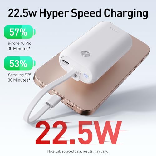 iWALK Mini Portable Charger 10,000mAh, 22.5W USB-C Fast Charging Power Bank with Built-in Cable, Travel Essential Ultra-Small Battery Pack Compatible for iPhone 17/16/16 Pro/15, Samsung, Google, White - color: White 22.5W