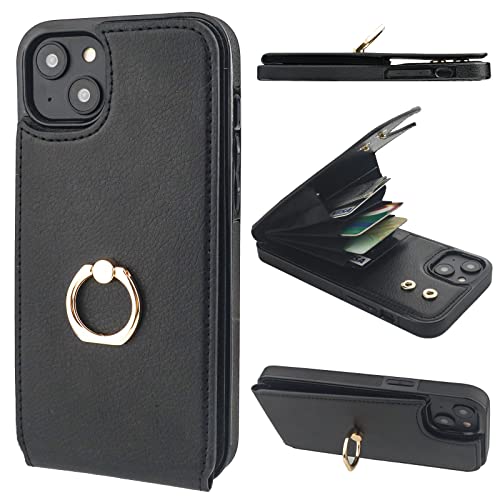 Folosu Compatible with iPhone 14 Plus Case Wallet with Card Holder, 360°Rotation Finger Ring Holder Kickstand, RFID Blocking Leather Protective Double Buttons Shockproof Cover 6.7 Inch Black - color: Black, size: iPhone 14 Plus