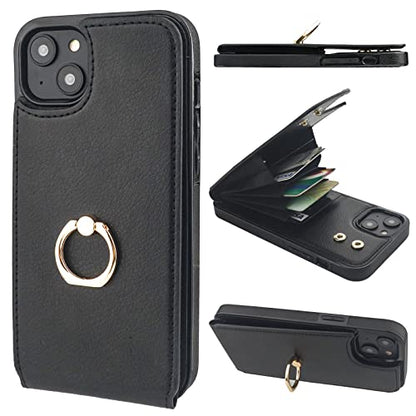 Folosu Compatible with iPhone 14 Plus Case Wallet with Card Holder, 360°Rotation Finger Ring Holder Kickstand, RFID Blocking Leather Protective Double Buttons Shockproof Cover 6.7 Inch Black - color: Black, size: iPhone 14 Plus